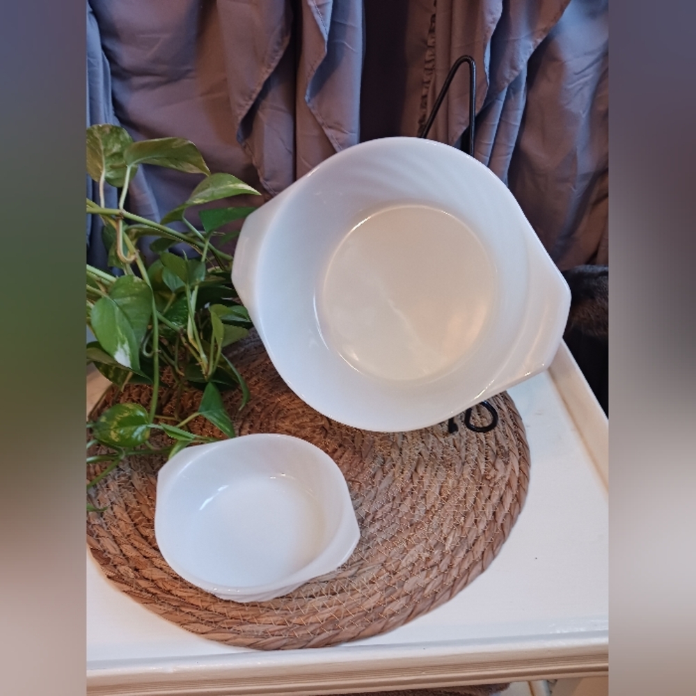 Vintage Fire King Milk Glass Swirl Casserole/Serving Dishes Set 2 Anchor Hocking